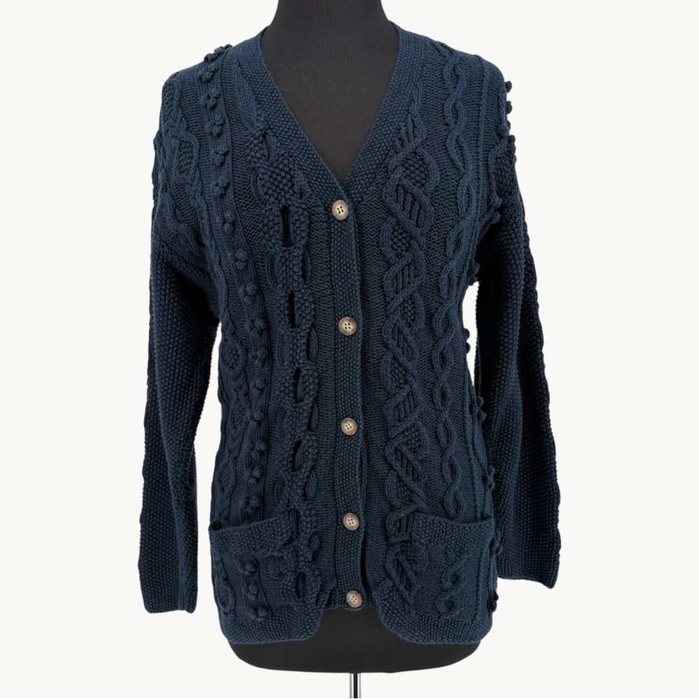 Vintage LL Bean Fisherman Cable Knit Cardigan Size Medium Navy Wool Blend 90s - Picture 1 of 13